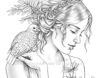 Diane | Gandaleah Coloring Pages | Printable Adult Women Cute Colouring Page Book Instant Download Grayscale Illustration PDF JPG