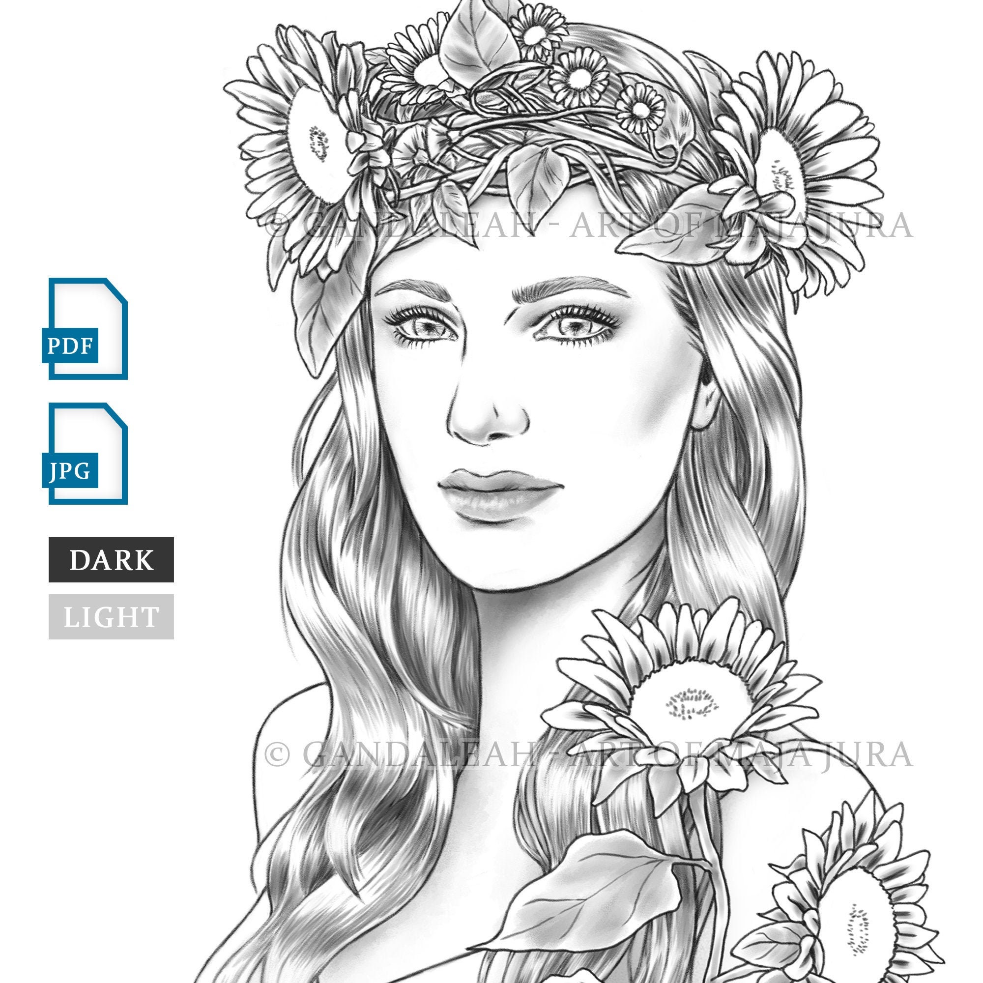 lady summer printable coloring page for adults portrait etsy
