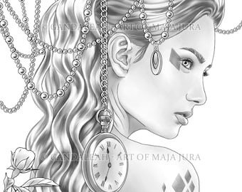 Queen of Diamonds | Gandaleah Coloring Pages | Printable Adult Women Coloring Page Book Instant Download Grayscale Illustration PDF JPG
