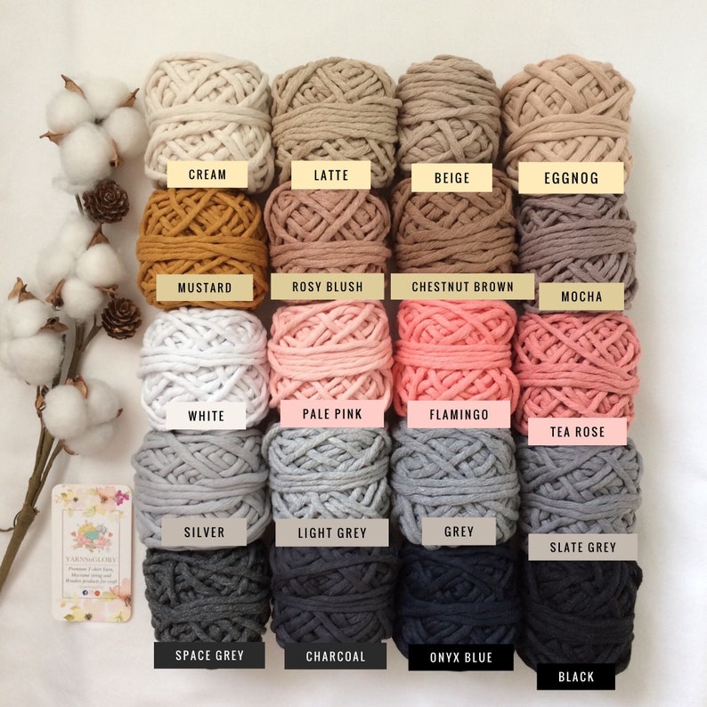 May include: A collection of 16 cotton rope cords in various colors, including cream, latte, beige, mustard, rosy blush, chestnut brown, mocha, white, pale pink, flamingo, tea rose, silver, light grey, grey, slate grey, space grey, charcoal, onyx blue, and black.
