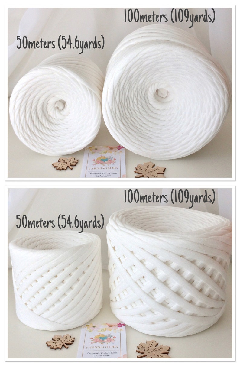 May include: Two white yarn balls, one measuring 50 meters (54.6 yards) and the other 100 meters (109 yards). The yarn is a thick, chunky texture. The yarn balls are sitting on a white surface with a small wooden leaf decoration next to each ball.