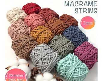May include: Assortment of 12 colours of 100% cotton brushed macrame string, each skein is 30 metres (98.5 feet) long and 2 mm thick.