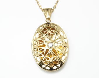 Hecho a mano 14K chapado en oro victoriano ovalado estrella estrella colgante Locket colgante