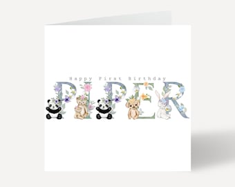 Happy First Birthday Card, Card for one-year-old girl, Personalised Card With Cute Animals