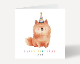 Buon compleanno Pomeranian, biglietto d'auguri con pon-pon, personalizzato