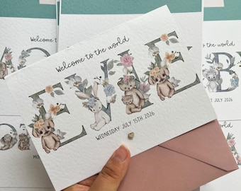 Personalised Baby Girl Card, Welcome World, Animals Design