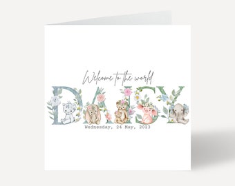 New Baby Card, Welcome to the world, Baby Girl, Personalised Card With Cute Animals