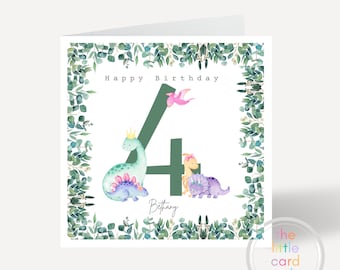 May include: A green and white birthday card with a green number four surrounded by dinosaurs. The card has a leafy border and the text "Happy Birthday Bethany".