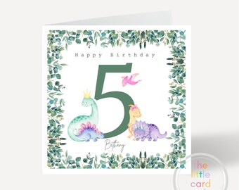 Fifth Birthday Card, Dinosaur Girl, Linen Card