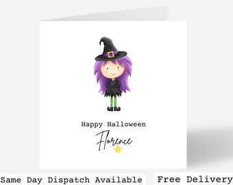 Linda tarjeta de Halloween de bruja, tarjeta de lino espeluznante