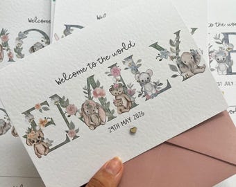 Personalised Baby Girl Card, Welcome World, Floral Animals (5x7 Inches)