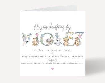 Baby Girl Card, Cute Animals, Personalised Linen Card