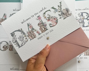 Personalised Baby Card, Welcome Animals, Boy or Girl Name Greeting
