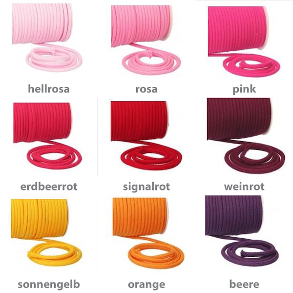 ab 0,50 EUR / m: Baumwollkordel 6mm Rundkordel 100% Baumwolle Meterware Kordel diverse Farben rosa gelb pink orange rot beere