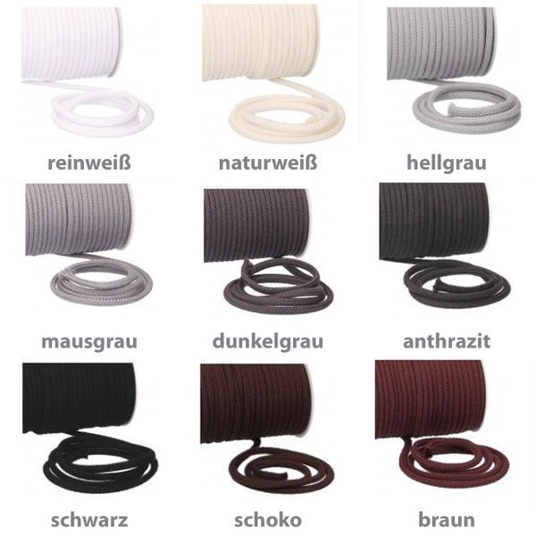 ab 0,50 EUR / m: Baumwollkordel 6mm Rundkordel 100% Baumwolle Meterware Kordel diverse Farben weiß natur grau braun schwarz