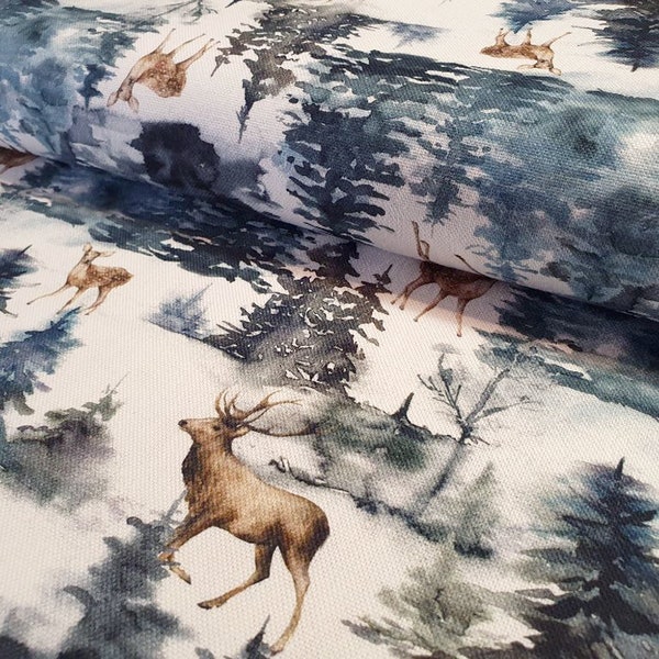 REMNANT 1.35 m (x 1.40 m width) decorative fabric canvas fir forest fir deer snow House of Ines Digital Deer decorative fabric winter