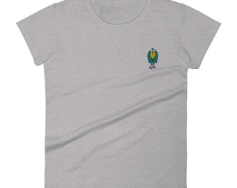 May include: A grey t-shirt with a small embroidered image of a blue, green and yellow bird.