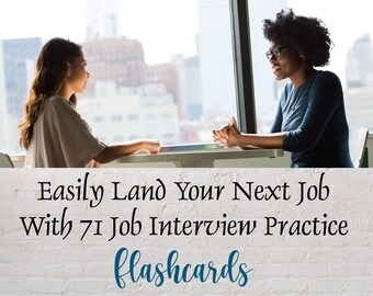 May include: Two people sit across from each other at a table in front of a large window. The text "Easily Land Your Next Job With 71 Job Interview Practice Flashcards" is displayed below the image.