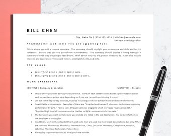 May include: A black and white resume template with the title "BILL CHEN" and the heading "PHARMACIST". The text describes how to write a resume summary and work experience section.