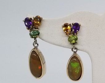 Chandelier Earrings Genuine Ethiopian Opal and Genuine Multi Color Sapphires in 14 kt Yellow Gold Designer Earrings