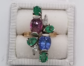 Ceylon Sapphire and Ruby Cluster Ring Accented with Colombian Emeralds and Diamonds Set in Handmade 14 kt White and Yellow Gold Ring