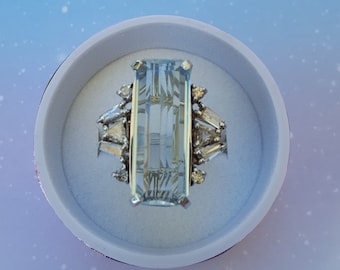 16 Carat Natural Aquamarine with Genuine Diamonds, Art Deco Inspired, Handmade 14 kt White Gold Cocktail Ring