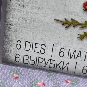 May include: Close-up of a package with the text "6 DIES | 6 MAT". The background is a light grey with a floral pattern. The text is in black. The package is slightly angled.