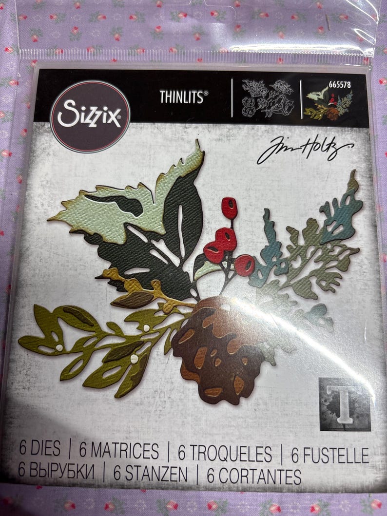 K&ouml;nnte beinhalten: Sizzix Thinlits Stanzformen-Set mit einem botanischen Design aus Bl&auml;ttern, Beeren und einem Tannenzapfen. Die Stanzformen sind in Gr&uuml;n, Braun und Rot gehalten. Die Verpackung enth&auml;lt den Text "6 DIES" und den Namen des Designers, Jim Holtz.