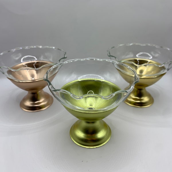 Vintage 1950’s Heller Hostess Colorama Sherbet Bowls Aluminum and Glass Set of 3