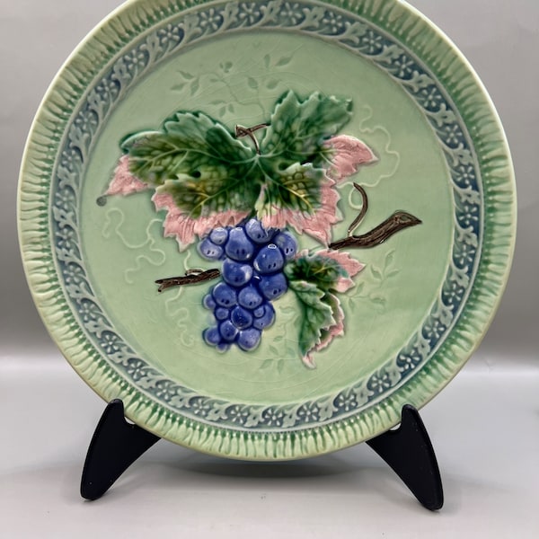 MCM Mint Green Majolica Plate With Grape Cluster and Leaves Western Germany 7.5”