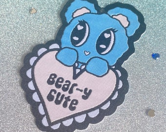 Blue Beary Cute Woven Patch, Iron-On Applique