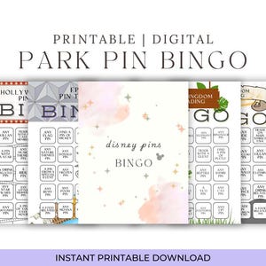 May include: A collection of printable digital Park Pin Bingo cards. The cards feature various themes, including Hollywood, Epcot, and Magic Kingdom. Each card has a unique set of prompts for trading Disney pins. The words "Printable | Digital" and "Instant Printable Download" are also visible.