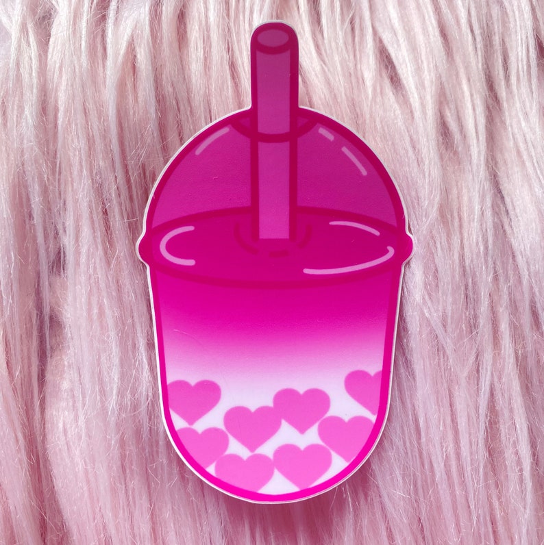 Pink Heart Boba Tea Vinyl Sticker image 1