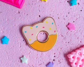 Kitty Donut Enamel Pin - Pink Frosted Sprinkle Doughnut - Rainbow Cat Lapel Pin Flair