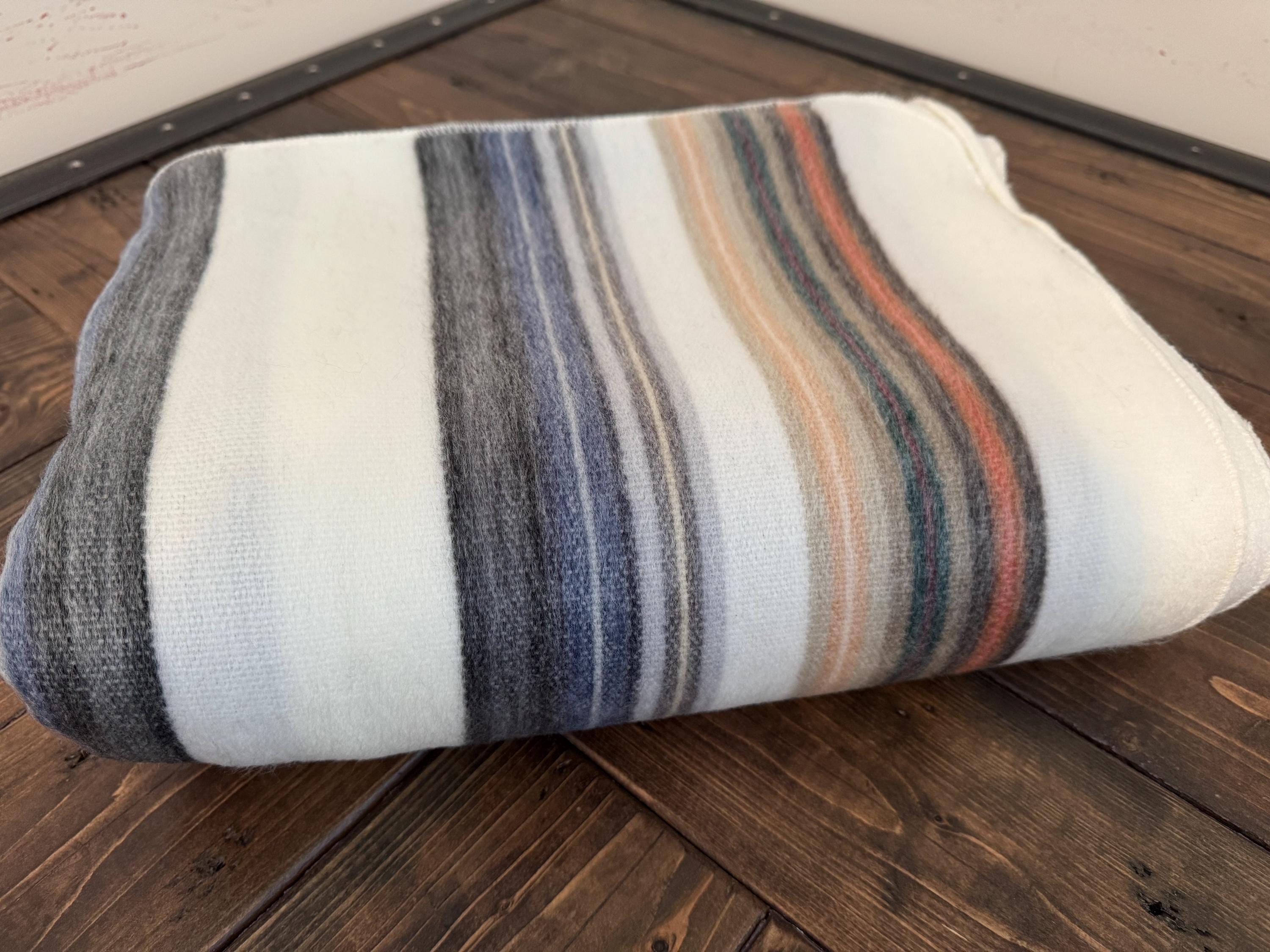 Alpaca Blanket Throw Striped white grey blue beige alpaca Wool Twin Nwot Soft Warm