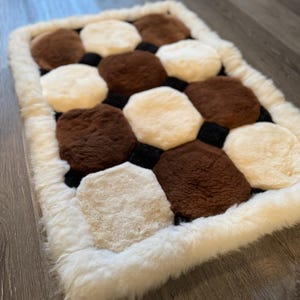 Alpaca area rug rectangular 100% alpaca checkered ivory brown black soft natural organic fur 23&quot; x 36&quot; rare alpaca carpet