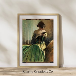 Study in Black and Green Digital Print | Woman Portrait | Vintage Wall Art | Emerald Green Art | Moody Wall Decor