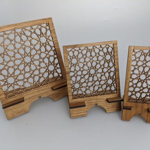 Wood Cell Phone Stand, Moroccan lattice, Tablet stand, Desk top organizer, Arabesque pattern, Custom Made, Home office, Travel accessories
