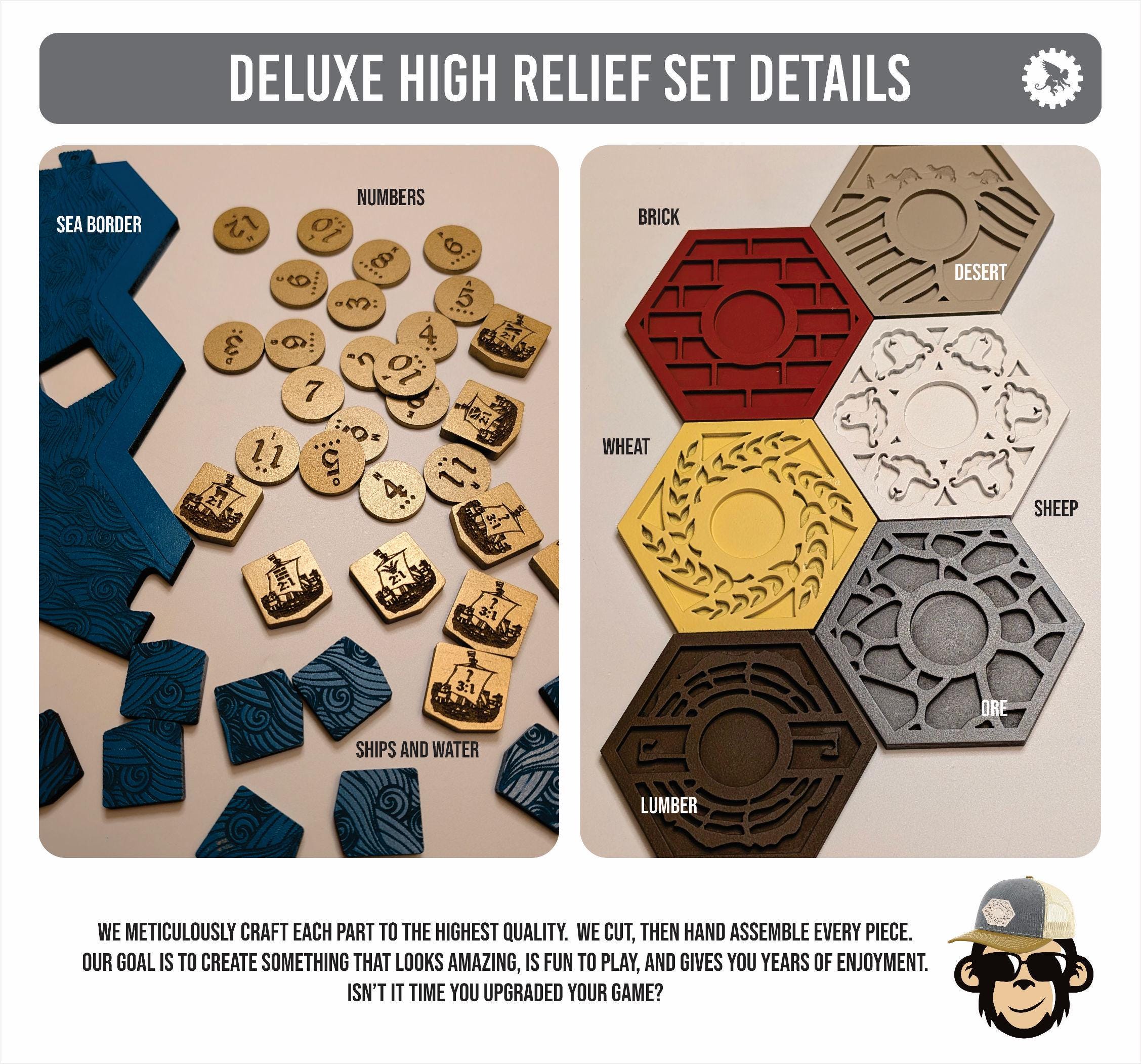 Custom High Relief Settlers Game Board: Deluxe 3D Catan Wood Set