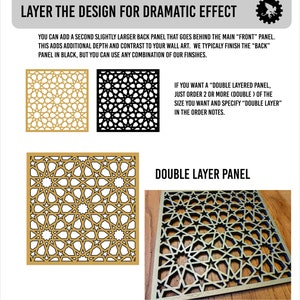 K&ouml;nnte beinhalten: Ein mehrschichtiges Wandkunstdesign mit einem geometrischen Muster aus Sternen und Kreisen. Das Design ist in Gold und Schwarz dargestellt, und der Text "LAYER THE DESIGN FOR DRAMATIC EFFECT" befindet sich oben im Bild. Der Text "DOUBLE LAYER PANEL" befindet sich unten im Bild.