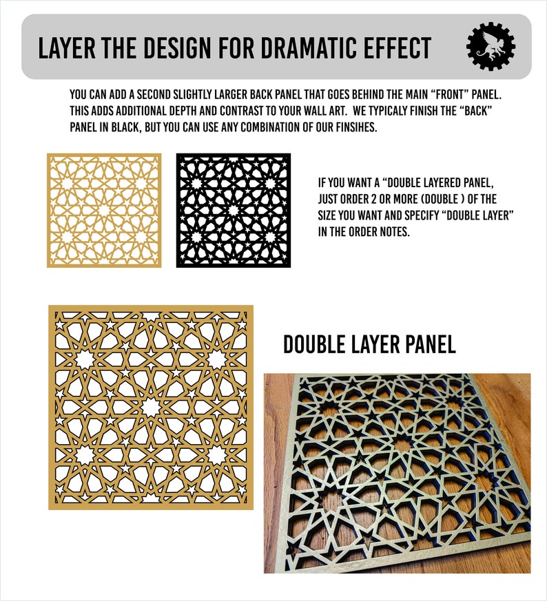 K&ouml;nnte beinhalten: Ein mehrschichtiges Wandkunstdesign mit einem geometrischen Muster aus Sternen und Kreisen. Das Design ist in Gold und Schwarz dargestellt, und der Text "LAYER THE DESIGN FOR DRAMATIC EFFECT" befindet sich oben im Bild. Der Text "DOUBLE LAYER PANEL" befindet sich unten im Bild.