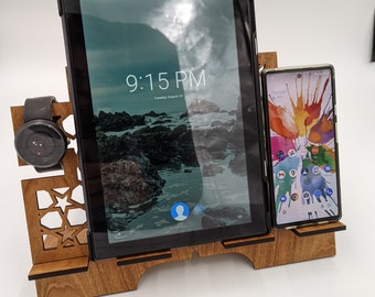 Moroccan Lattice Wood Desk Organizer: Phone, Tablet, Smartwatch Stand