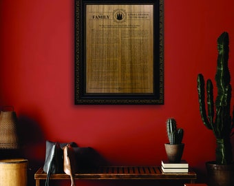 Proclamación de la Familia SUD grabada en madera: Arte mural espiritual