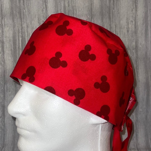 Surgical/Scrub Cap with ties in back - Red Shadow Mickey Mouse