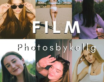 Op de afbeelding: Een collage van zes foto's die op film zijn gemaakt. De foto's tonen verschillende onderwerpen, waaronder een vrouw in bikini op een strand, een vrouw in een paars shirt en een vrouw in een wit shirt. De foto's zijn allemaal in vintage stijl en hebben een warme, nostalgische sfeer. De tekst "FILM Photos by kellg" is over de foto's gelegd.