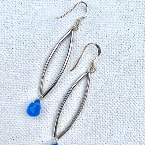 Silver plated brass arch earring with deep blue glass bead Fish Hook Earrings