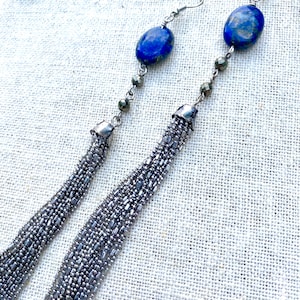 Bohemian Glam Lapis lazuli & Pyrite beads Long Silver Chains Dangling  Earrings