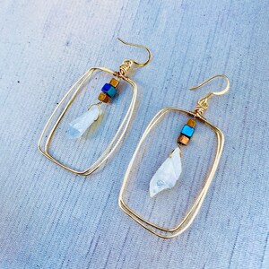 Mod Geometric Quartz Crystal & Hematite Bead Rectangle Brass Earrings