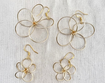 Gold Five Petal Flower Drop Earrings