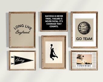 Sports Basketball Nursery and Kids Gallery Wall Art: Custom Name Pennant, Vintage Basketball Player, Sports Quote, Long Live Boyhood